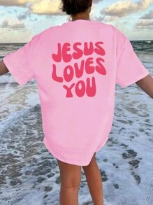 INAWLY Women's Oversized Beach Slogan Printed T-Shirt For Summer JESUS LOVES YOU Graphic Tees Women Tops