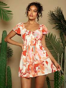 SHEIN VCAY Women's Summer Vacation Geometric Printed Sling Sweetheart Neckline Short Cap Sleeve Casual Jumpsuit With Front Tie