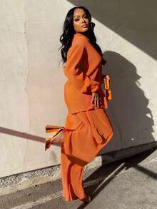 时尚休闲百褶衬衫和阔腿裤两件套女士