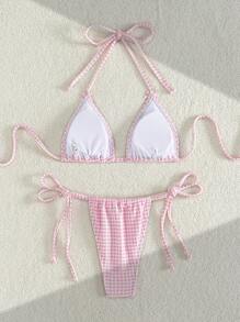 Swim Mod Women Halter Back Tie Two-Tone Gingham Print Floral Summer Bikini Set,Summer Beach - Pink - View 2