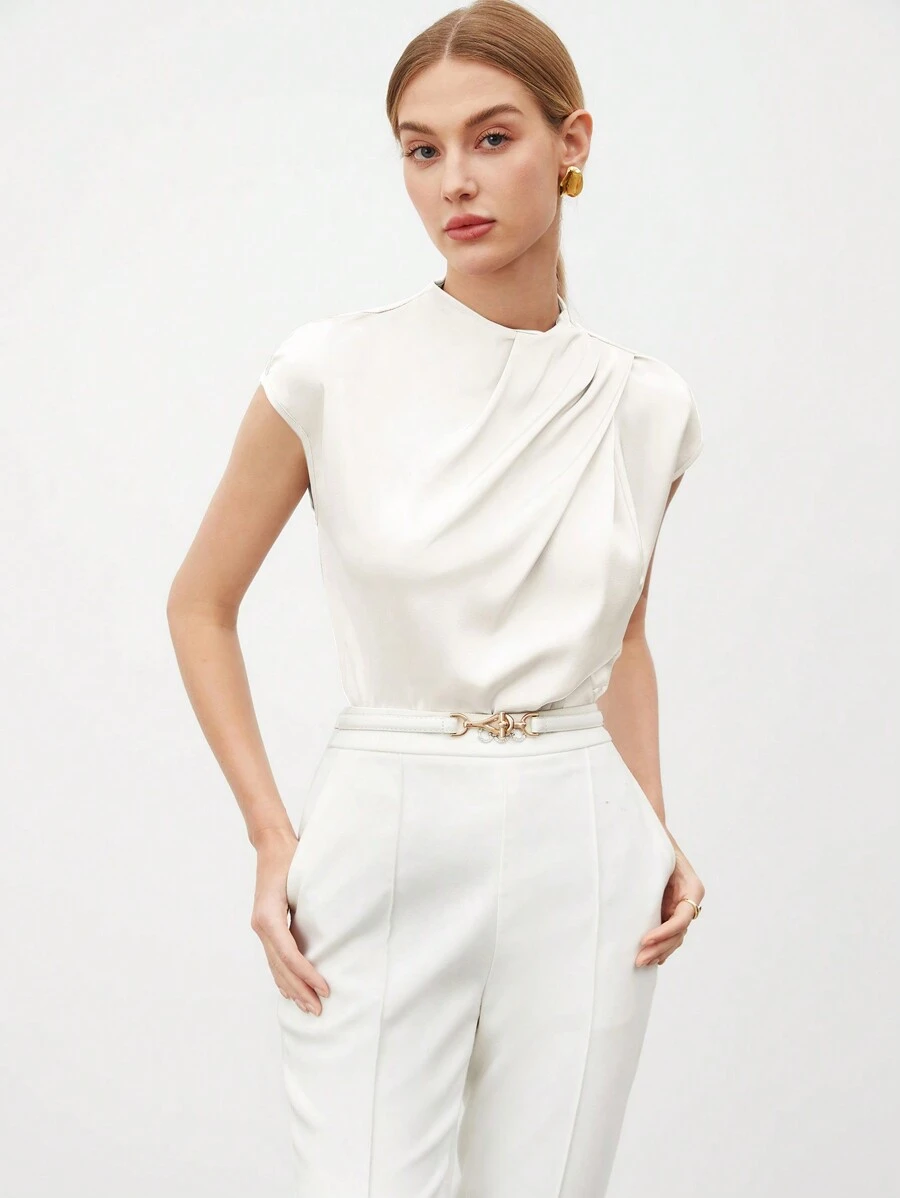 SHEIN BIZwear Women's Summer Solid Color Stand Collar Pleated Short Sleeves Elegant Shirt - White - View 1