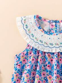 Baby Girl Casual/ Vacation Style Floral Embroidered Sleeveless Jumpsuit, Summer - Multicolor - View 3