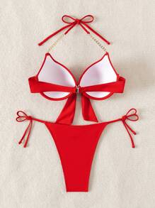 2pcs Women's Vacation Beach Chain Decor Swimwear Set With Underwire Summer