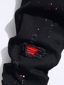 Men's Distressed Skinny Jeans With Splash Ink Print, Casual Elastic Tapered Leg Pants, Grunge - Black - View 6