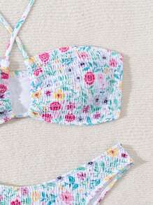 SHEIN Swim 女士夏季海灘花卉交叉收縮領帶兩件式比基尼套裝，隨機印花 - 彩色 - 查看 4