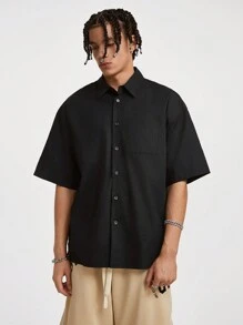 Manfinity NXTstreet Men's Solid Color Loose Short Sleeve Shirt, Suitable For Summer - Black - View 7
