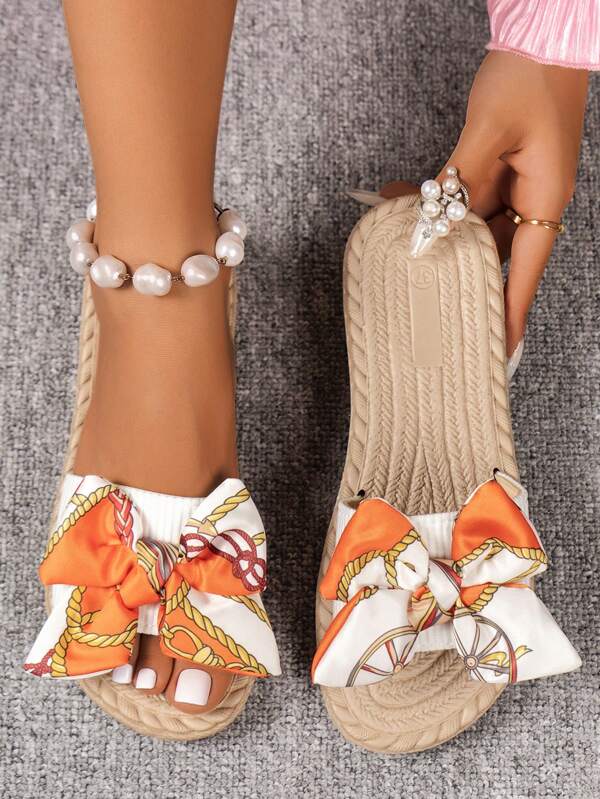 Women's Flat Sandals, Natural Rope & Bowknot Design, Comfortable For Summer Valentines
