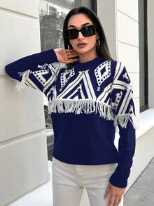 EURMUSE Geo Pattern Fringe Trim Drop Shoulder Sweater - Navy Blue - View 3