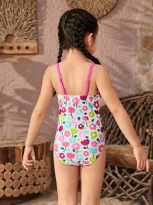 Young Girl Vacation Floral Printed Ruffled One-Piece Swimsuit With Cute Straps - Hot Pink - View 2