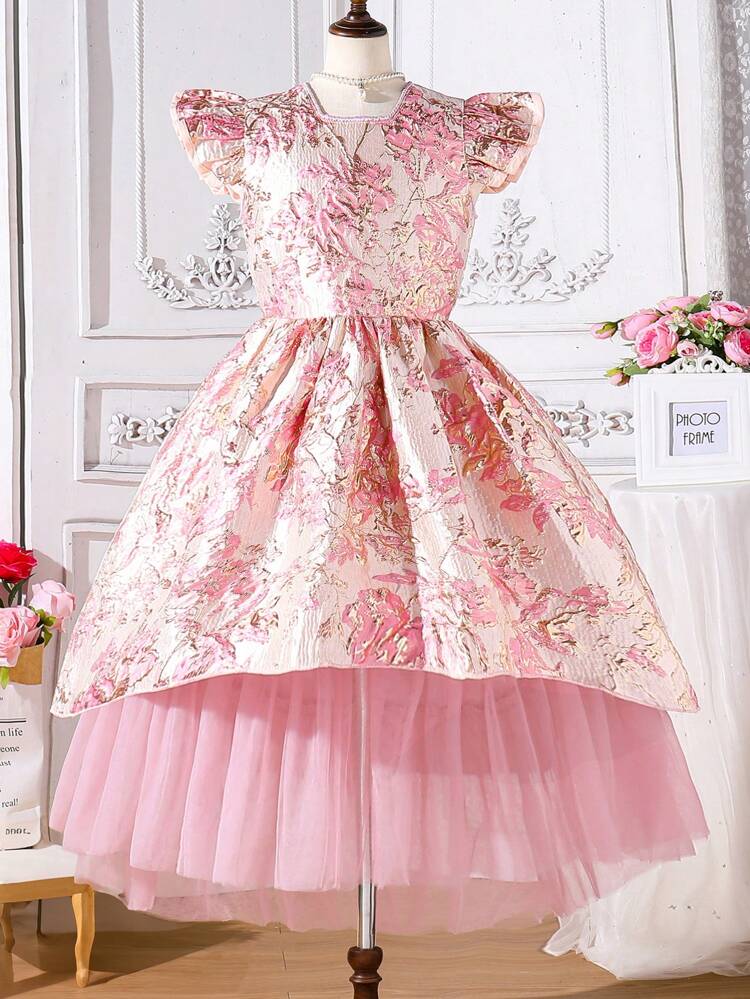 Teen Girls Elegant Pink Short Sleeve Mid-Length Party Dress For Flower Girl, Wedding, Events