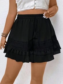 Breezaya Plus Size Women's Solid Color Fringed Belted Loose Pantskirt With Ruffle Hem For Vacation - Black - View 6