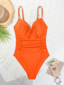 SHEIN Swim 女款純色打結前扣一件式泳裝，適合度假、夏季海灘 - 橘色 - 查看 8
