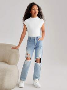 Tween Girl Casual Spring/Summer Knitted Solid Color Half High Neck Short Sleeve Top - White - View 3