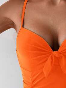 SHEIN Swim 女款純色打結前扣一件式泳裝，適合度假、夏季海灘 - 橘色 - 查看 5