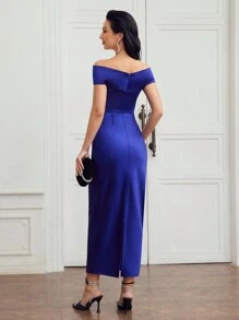 MOTF PREMIUM OFF SHOULDER CROSS WRAP SLIM FIT EVENING DRESS,SPRING/SUMMER - Blue - View 7