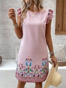 EMERY ROSE Fashionable Women's Printed Chiffon Flutter Sleeve Dress - Burgundy - View 5