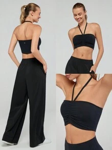 FeatherFit™ Ruched Dây rút Halter Top Xếp li có thể điều chỉnh Hỗ trợ ánh sáng Tác động thấp Phòng tập Yoga Hàng ngày Mùa hè - màu đen - Xem 8