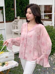 DAZY Women's Floral Print Chiffon Bell Sleeve Elegant Blouse,Ruffle Sheer