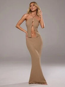 Aloruh Women's Sexy Khaki Knit Halter Top With Backless Design, High Slit Hemline Skirt 2-Piece Set, Summer - Khaki - View 4