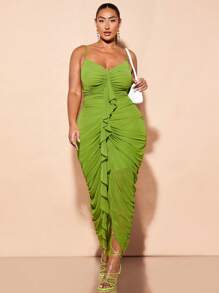 SHEIN BAE Vestido ajustado con detalles fruncidos y volantes frontales elegantes, de talla grande y longitud larga para mujeres, vestido de cumpleaños para mujeres