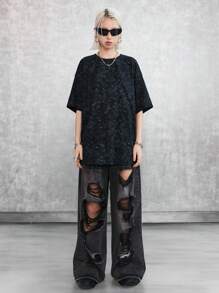 SHEIN EZwear Vintage Palm Tree Print Oversized T-Shirt, Casual Streetwear Vacation Style For Women, Boyfriend Chic - Black - View 7