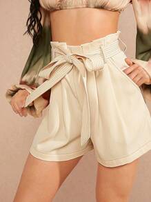 Hauture Pleated Paperbag Waist Shorts With Belt - Apricot - View 4