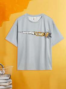 GARFIELD X SHEIN Ragazzo Tween Grigio Maglietta a manica corta con stampa di cartoni animati casual ampia e con collo rotondo, estate