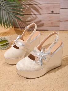 11cm平臺魚網涼鞋，蝴蝶結設計，銀色布面鞋跟和厚底 - 杏色 - 查看 5
