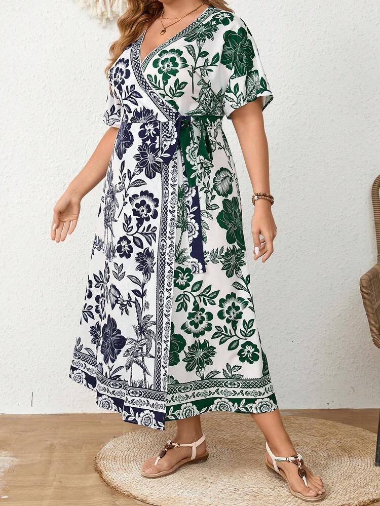 Plus Size Women's Summer Holiday Floral Printed Overlapping V-Neck Short Sleeve Elegant Fashion Knot Waist Dress