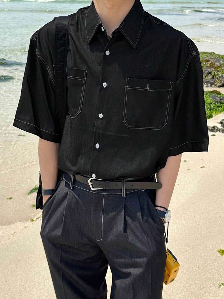 Men Short Sleeve Casual Pocket Denim Shirt For Summer