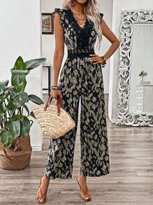 SHEIN LUNE Xuân Hè Cổ Chữ V Tay Bướm Ren Hoa Chia Eo-Cinching Da Báo Jumpsuit Cho Nữ - Nhiều màu - Xem 6