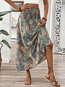 Breezaya Summer Vacation Bohemian Style Vintage Printed High Waist Skirt For Women - Multicolor - View 1