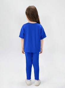 SHEIN Leap Crew 年輕女孩休閒舒適圓領短袖上衣和純色長褲2件套裝 - 寶藍色 - 查看 2