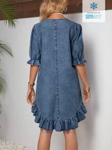 SHEIN LUNE 女式圓領純色荷葉邊牛仔裙，適合夏季休閒穿著 - 中等水洗藍 - 查看 2