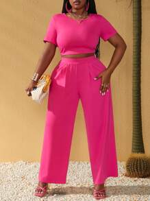 Maweii Große Größen Set aus einfarbigem Rundhals-Kurzarm-T-Shirt und langen Hosen für den Sommer, lässig, zweiteilig