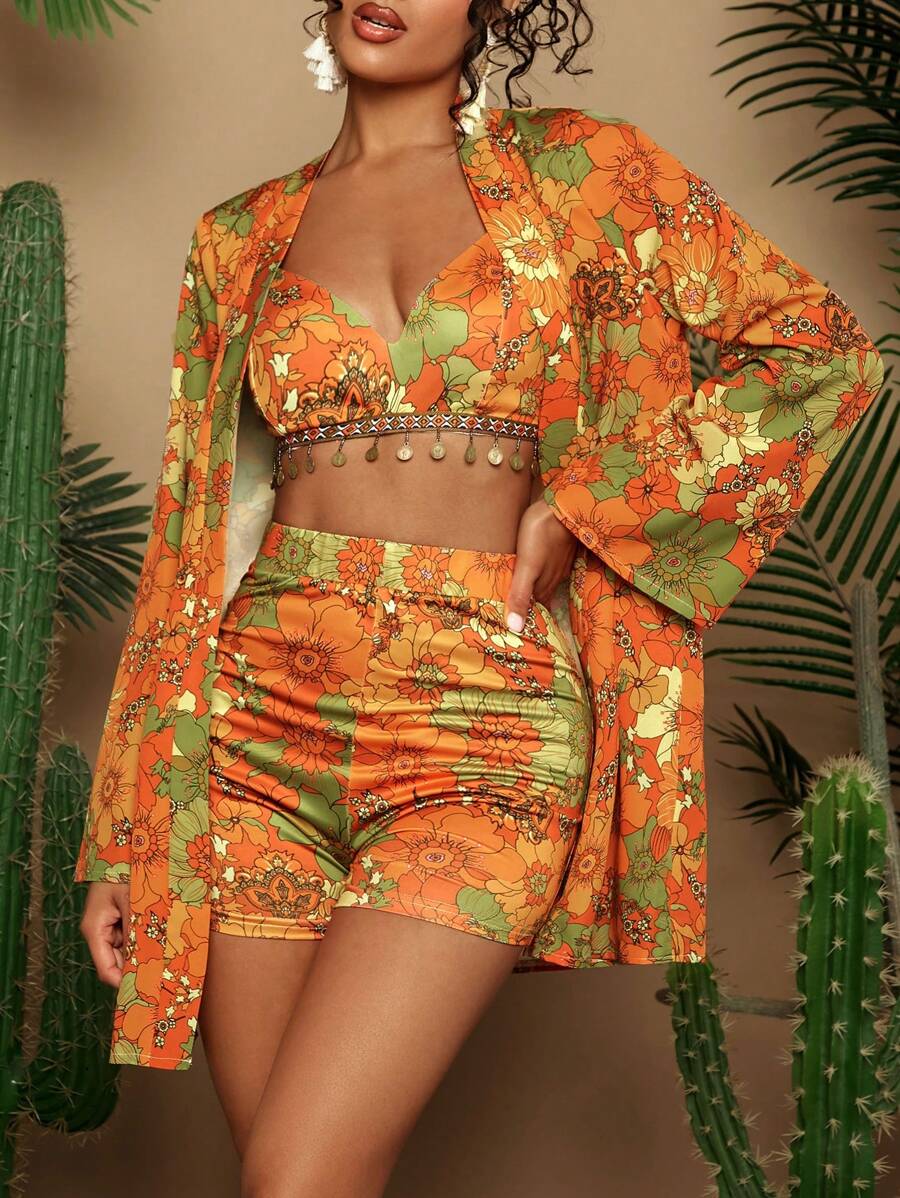 Travachic 3入組印花假日風格背心上衣、短褲和和服套裝 - 彩色 - 查看 1