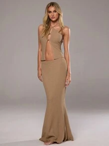 Aloruh Women's Sexy Khaki Knit Halter Top With Backless Design, High Slit Hemline Skirt 2-Piece Set, Summer - Khaki - View 6