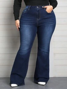 SHEIN CURVE+ Denim ukuran plus Tombol Kantong Zip Plain - Dark Wash - View 1