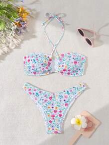 SHEIN Swim 女士夏季海灘花卉交叉收縮領帶兩件式比基尼套裝，隨機印花 - 彩色 - 查看 1