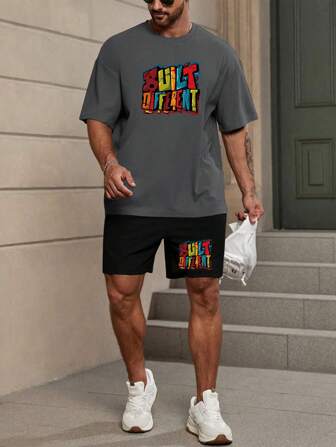 男士字母印花T恤和束口短褲套裝