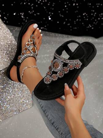 Women's Rhinestone Adorned Flat Sandals, Toe Ring Style, Bohemian , Perfect For Summer And Beach Valentines
