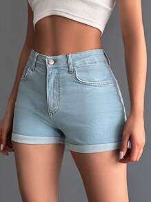 EURMUSE Của phụ nữ Frayed Hem Quần short Denim - Rửa nhẹ - Xem 4