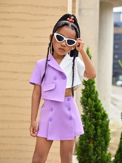 SHEIN Young Girl Asymmetrical Hem Top With Woven Contrast Color And Loose Shorts Set