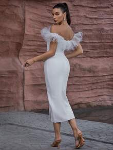White Off Shoulder Mesh Slit Bodycon Wedding Dress - White - View 2