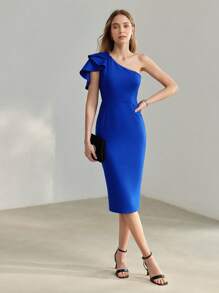 MOTF PREMIUM ONE SHOULDER FLUTTER SLEEVE SLIM FIT COCKTAIL DRESS - Blue - View 6