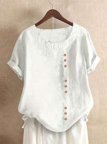 EMERY ROSE Women Summer Casual Button Decorated Short Sleeve Round Neck Shirt - White - View 1