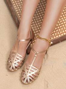Women's Flat Hollow Roman Sandals With Straps - Champagne - View 2