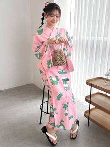 FRIFUL Improved Version Cute Cartoon Frog Printed Glossy Waist Belt & Belted Yukata