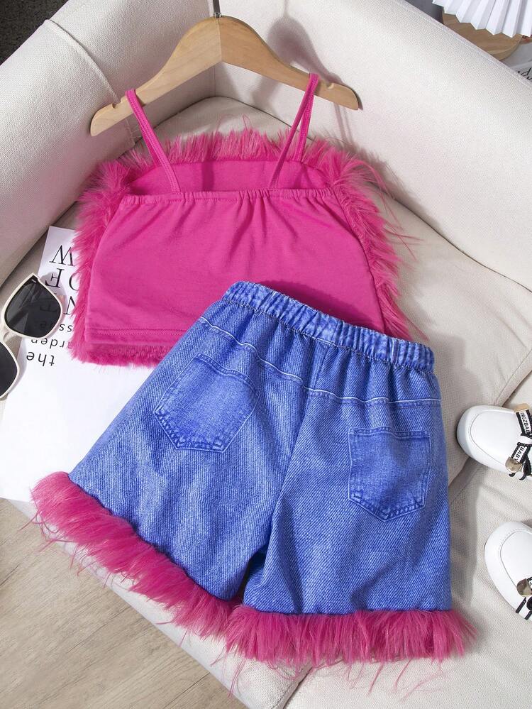 Young Girl Furry Fabric Top And Shorts Set, With Color Block Furry Patches