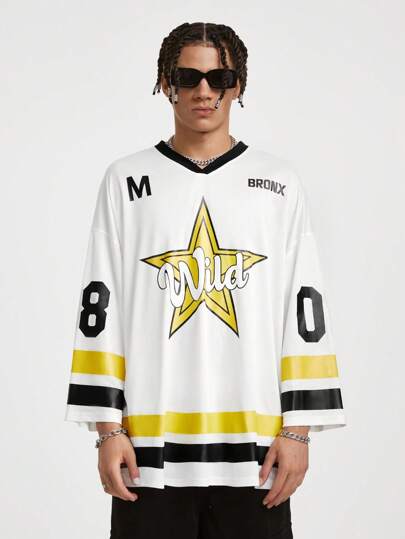 Manfinity RebelGame 男款寬鬆針織短袖T恤，印有五角星圖案，適合夏季嘻哈風格